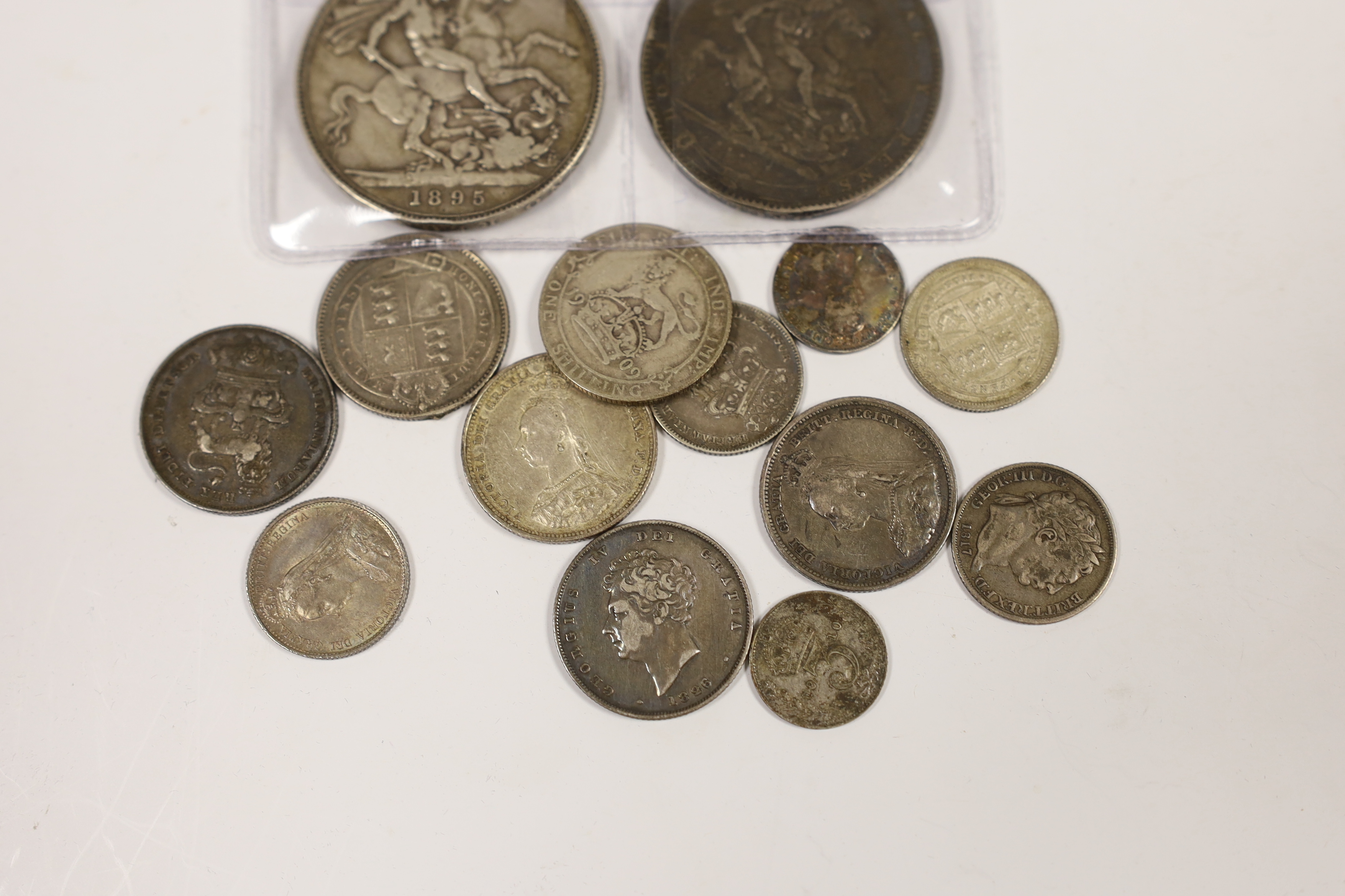 British silver coins, George III to George V, including a William IV shilling 1834, VF, various Victoria shillings 1870, VF, 1901 good VF etc. two crowns, 1819 and 1895, and mixed George III and later silver